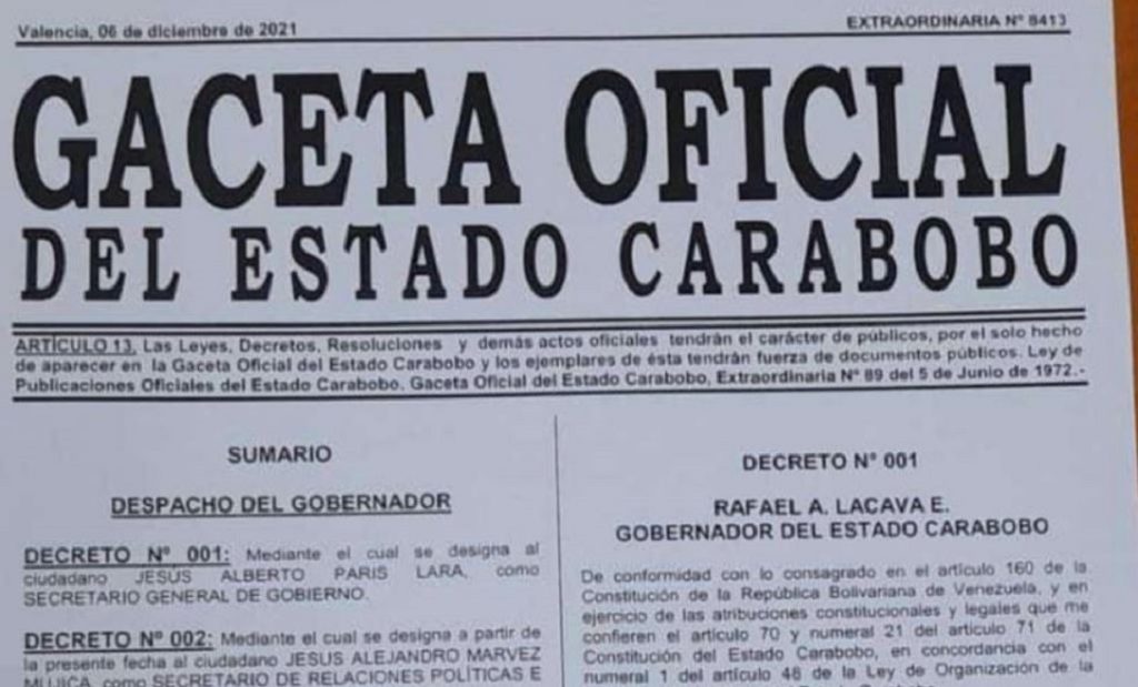 Rafael Lacava renovó su gabinete ejecutivo, según consta en Gaceta regional