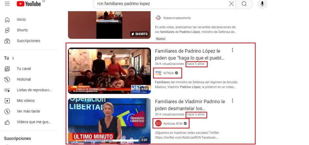 Búsqueda en YouTube del video de los familiares de Vladimir Padrino López. Foto: captura de YouTube