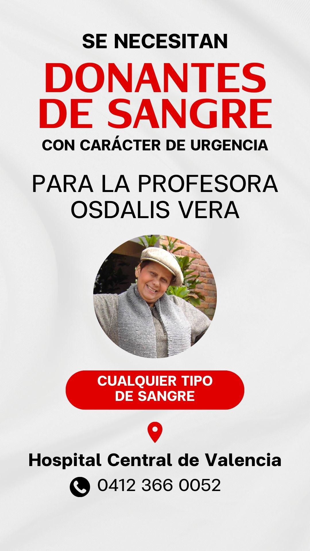 Urgente: se necesitan donantes de sangre para la profesora Osdalis Vera