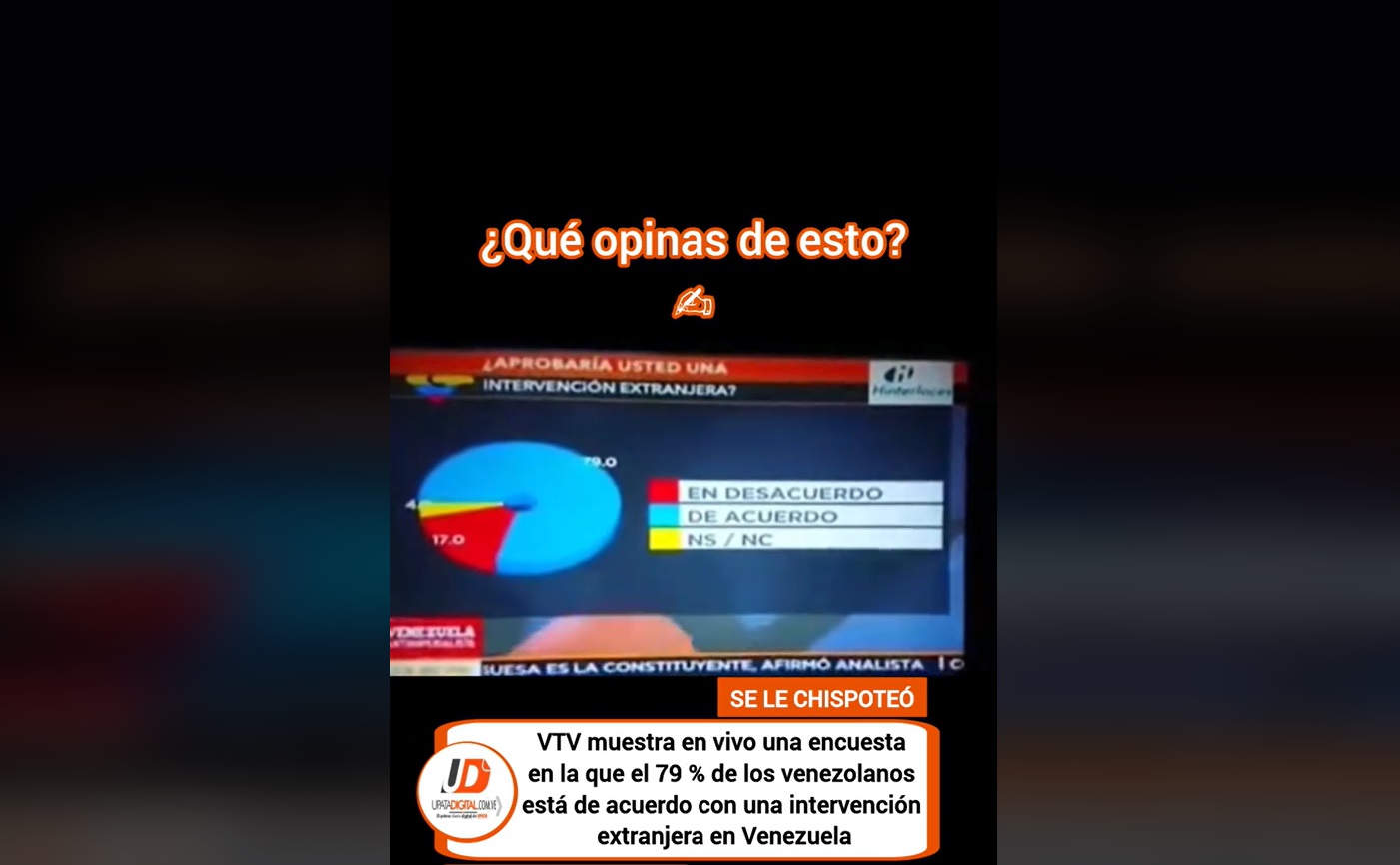Es de 2017 la encuesta de VTV en la que el 79 % de los venezolanos aprobaba una "intervención extranjera" en el país