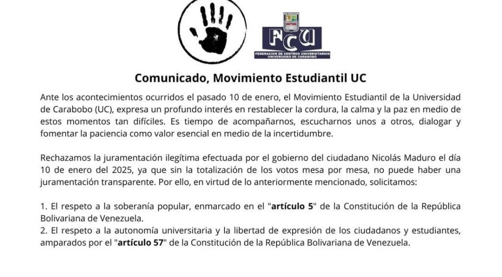 Comunicado Movimiento Estudiantil de la Universidad de Carabobo (UC)