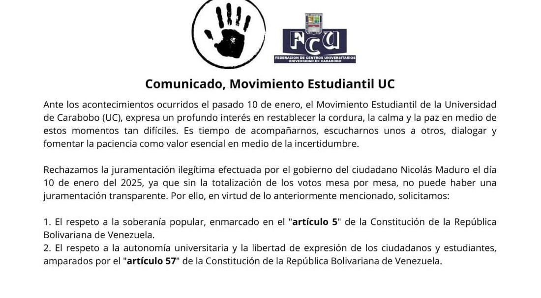 Comunicado Movimiento Estudiantil de la Universidad de Carabobo (UC)