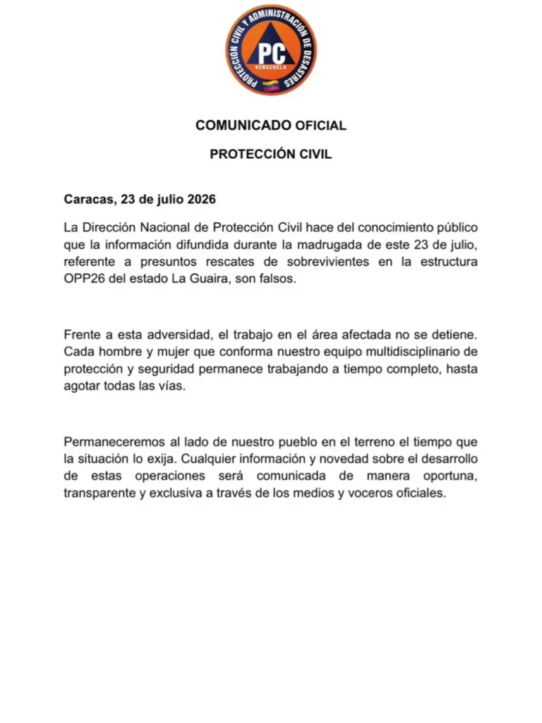 Protección Civil desmiente hallazgo de nuevos sobrevivientes en edificio OPP-26 de La Guaira