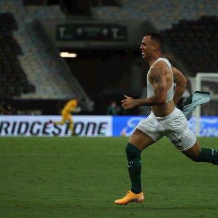 El jugador de Palmeiras Breno Henrique Vasconcelos celebra después de anotar un gol ante Santos. / Foto EFE