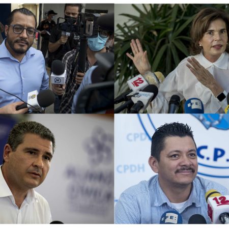 Félix Maradiaga, Cristiana Chamorro, Juan Sebastián Chamorro y Medardo Mairena opositores que guardaban prisión, pues intentaron desafiar a Ortega en las urnas. Foto EFE