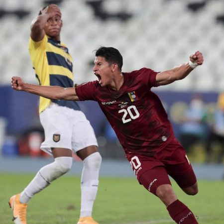 Ronald Hernández de Venezuela celebra un gol ante Ecuador hoy, durante un partido por el grupo B de la Copa América en el Estadio Olímpico Nilton Santos de Río de Janeiro (Brasil). EFE